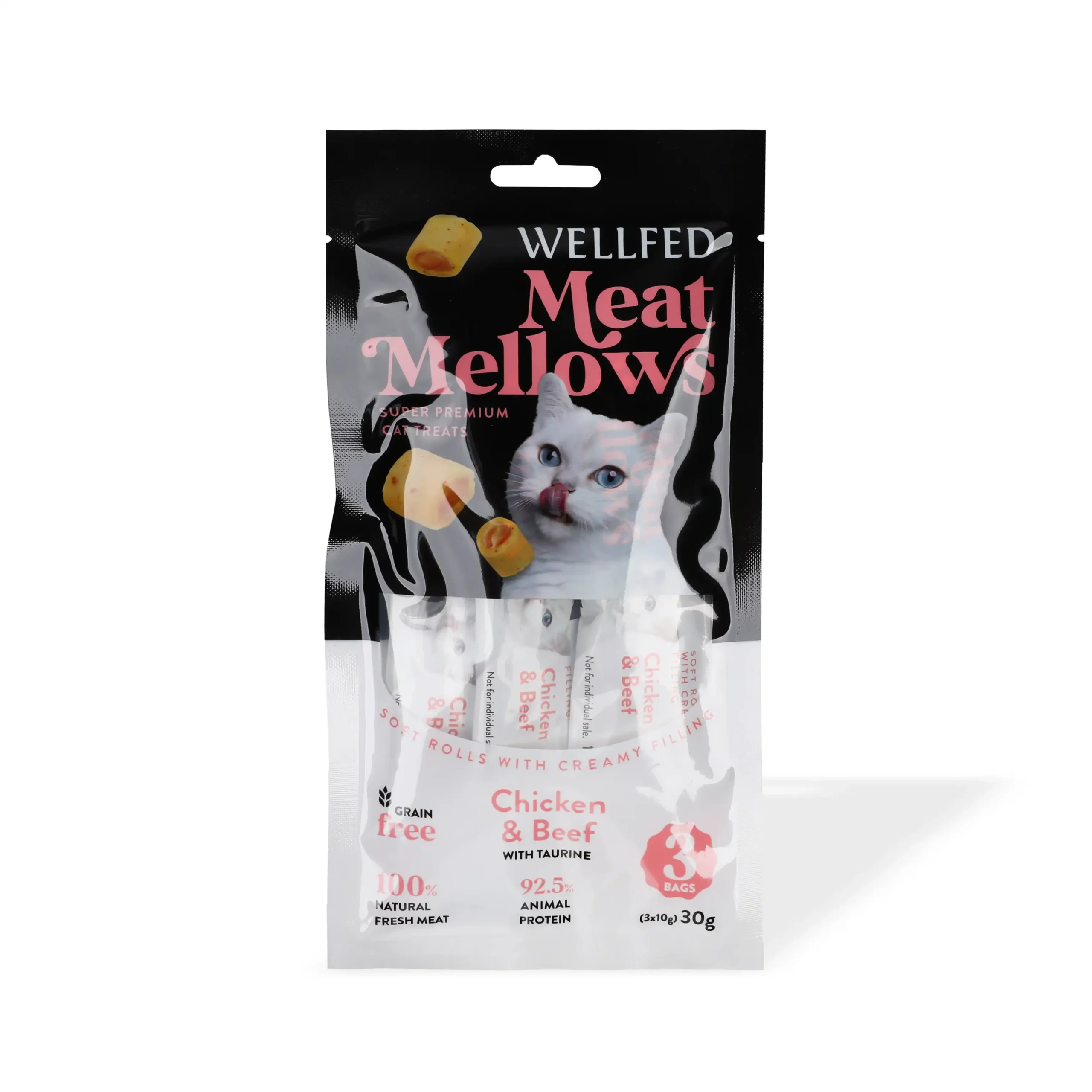 Wellfed, Meat Mellows, Shpërblime të buta për mace, pulë & lopë, 30 g